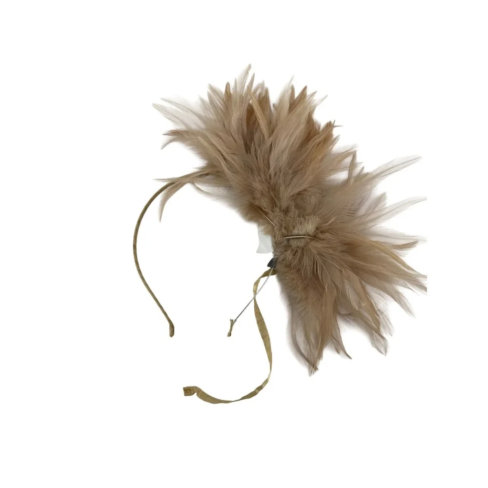 Bellissima Millinery Collection Tan Feather Headband Gold Metallic Fascinator OS